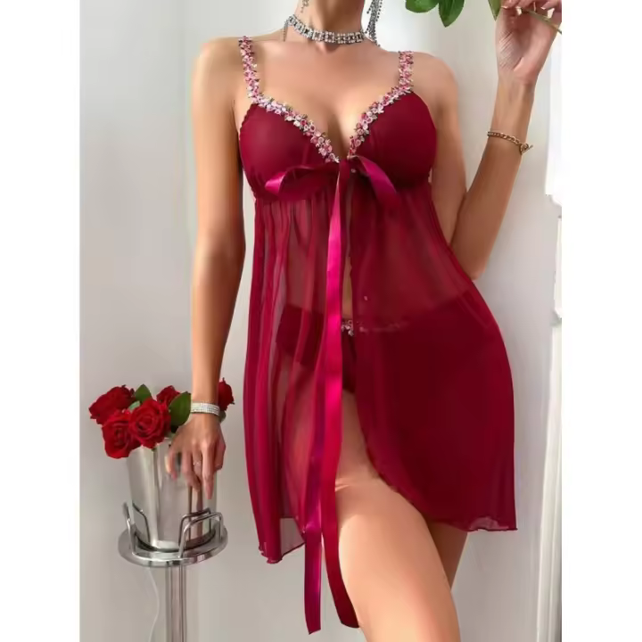 Sexy de malla pequeña flor halter lazo lazo mujer vestido de dormir casa pijamas - 1