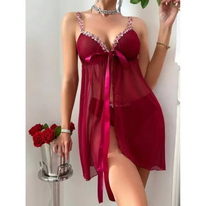 Sexy de malla pequeña flor halter lazo lazo mujer vestido de dormir casa pijamas - 1
