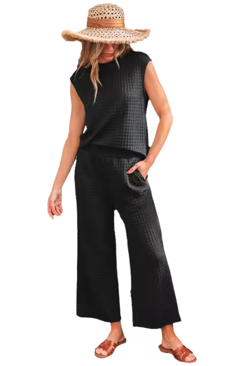 Elrachen Conjunto de camiseta de manga corta y pantalones de pierna ancha de punto texturizado para mujer, negro, tallas S-XL - 1