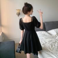 Vestido negro adelgazante con manga acampanada, vestido corto ceñido con un hombro y cintura, para ir al trabajo, temporada de verano, manga corta, Color puro - details 5