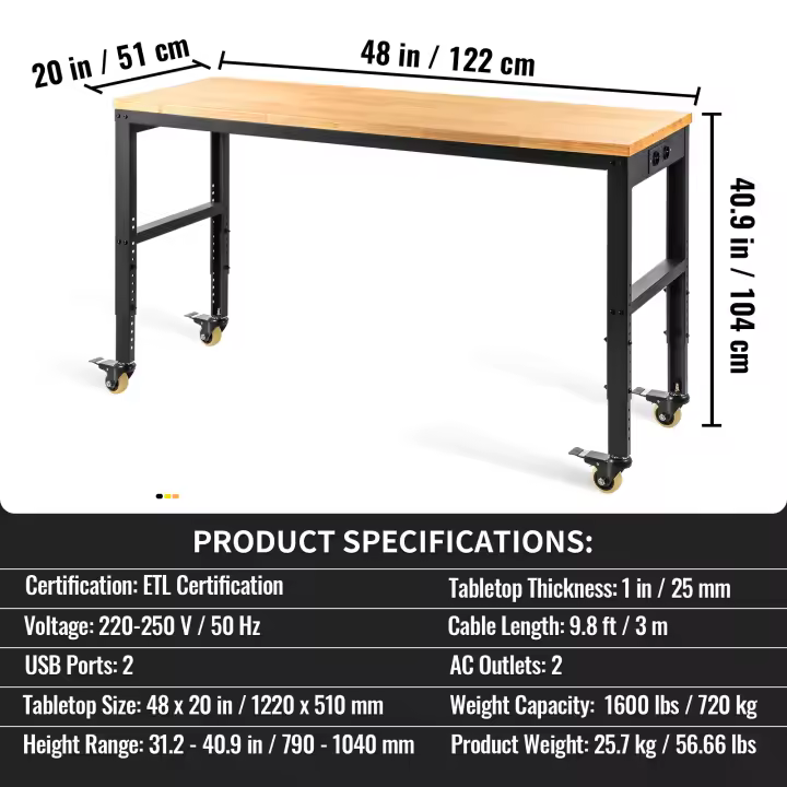 SucceBuy Banco de trabajo de altura ajustable, mesa de garaje con tomas de corriente, tapa de madera dura, estructura de metal, ruedas giratorias - 1