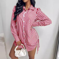 Gran oferta, vestido camisero irregular con solapa de manga larga a rayas de colores contrastantes a la moda para mujer, tendencia para mujer - details 3