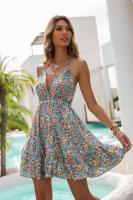 Vestido Corto de Verano Floral Sexy Espalda Aretes con Volantes Azules - details 3