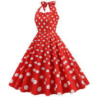 estilo impreso años 50 lunares cuello colgante, vestido pequeño de longitud media, vestido - details 6
