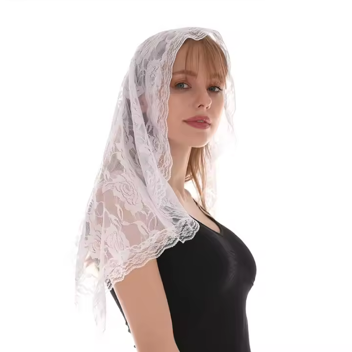 Velo de mantilla de encaje suave y cómodo, 2 colores, blanco y negro, estilo español, velo de encaje rosa para cubrir la cabeza en forma de D - 1