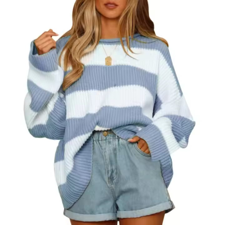 Caprichoso cuello redondo de manga larga de punto de las mujeres de otoño e invierno nuevo producto a rayas suéter casual suelto top - 1