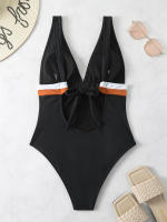 Bañador de una pieza con cuello en V para mujer, Monokini Sexy liso con tirantes, ropa de playa para verano, 2024 - details 10