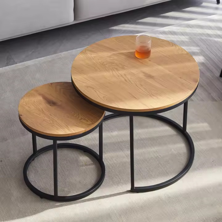 Mesa de centro de madera nórdica redonda creativa, cama, sofá, mesa lateral, servicio de aperitivos de té y fruta, escritorio pequeño, muebles de sala de estar, Juego de 2 piezas - 1