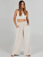 Pantalones de mujer de lino de playa pierna recta con bolsillos pantalones femeninos de cintura alta pantalones sueltos trajes moda coreana - details 8