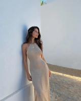 Para Praia Kintted cubrir Vestido de playa Sexy Maxi hendidura ceñido al cuerpo vestido de verano Bikinis encubrimientos elegante vestido de playa Halter - details 7