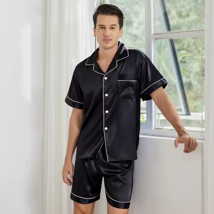 Conjunto de pijamas lisos de diseño clásico para hombre, traje para casa con solapa, ropa de dormir fina para hombre, ropa de casa suave y acogedora de talla grande, regalo para padre - 1