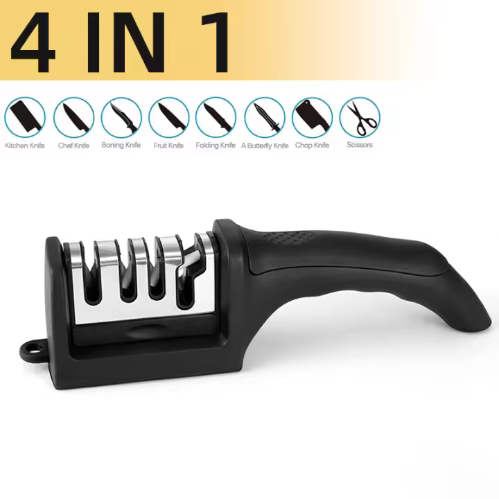 Afilador de cuchillos de 4 segmentos para cocina, piedra de afilar negra multifuncional de mano, tres usos - 1