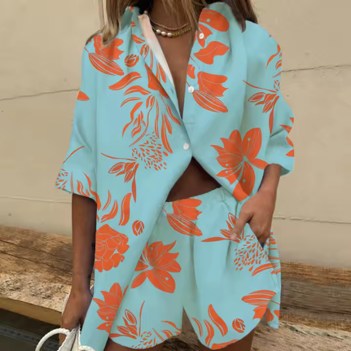 Conjunto de Moda para Mujer de Cuello Abajo Camisa Estampada de Manga Corta - 1
