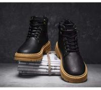 Botas altas para hombre, zapatos de cuero planos informales y versátiles con suela gruesa, compatibles con tablero de trabajo, moda de invierno, 2025 - details 17