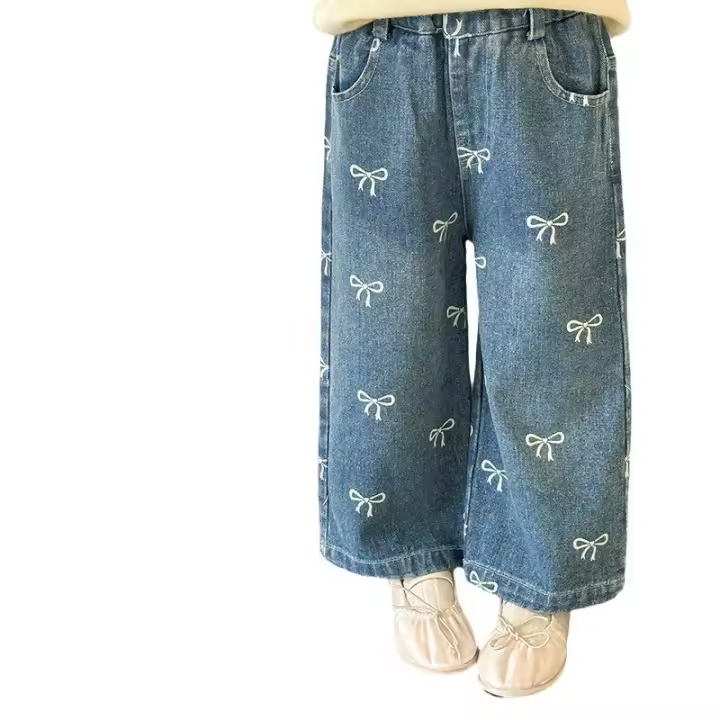 Pantalones para niños 2025, Otoño Invierno, nuevos pantalones vaqueros con estampado coreano con lazos para niña, pantalones vaqueros rectos - 1