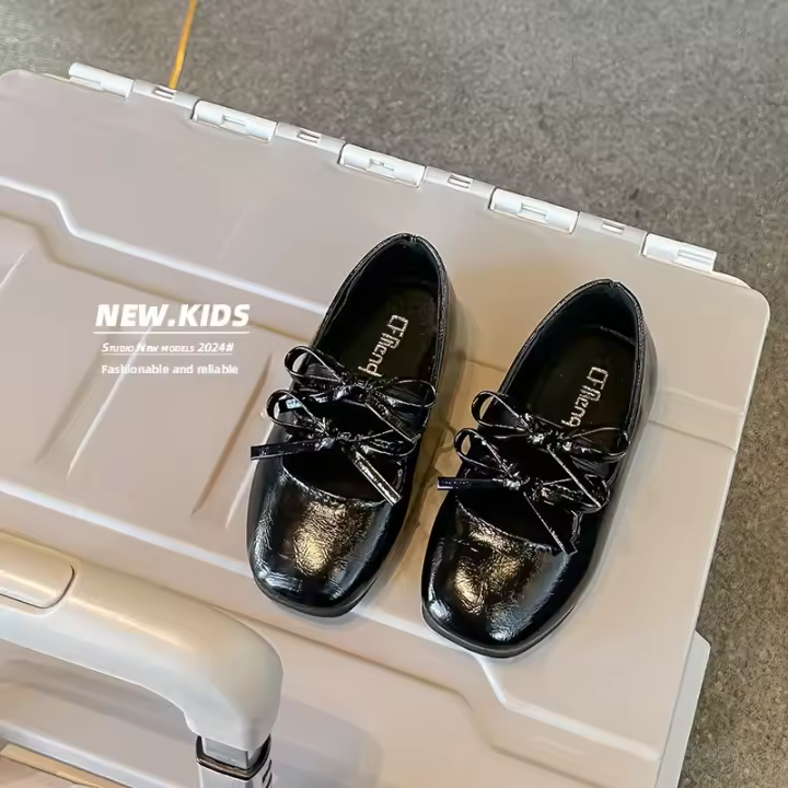 Zapatos de cuero para niñas, calzado de fiesta versátil con fondo suave y pajarita, estilo princesa, otoño, 2024 - 1