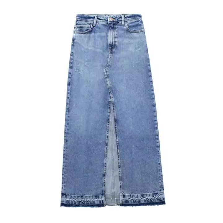 Falda vaquera con bolsillos y abertura frontal para Mujer, faldas Vintage de cintura alta con mosca, novedad de - 1