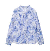 TRAFZA-Blusa informal con estampado Floral para mujer, camisa de manga larga con volantes y botonadura única, decoración con cordones, Primavera - details 2