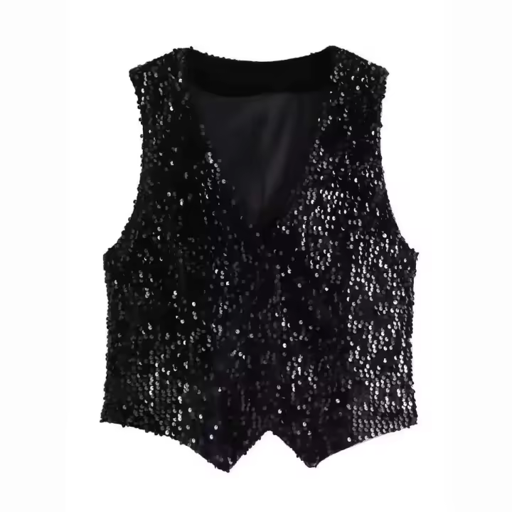 Chaleco de lentejuelas negro para mujer con cuello en V - 1