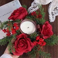 Corona de vela navideña de flores artificiales, anillos de vela románticos de 30CM, suministros de fiesta de rosas rojas, corona de candelabro, decoración navideña - details 4