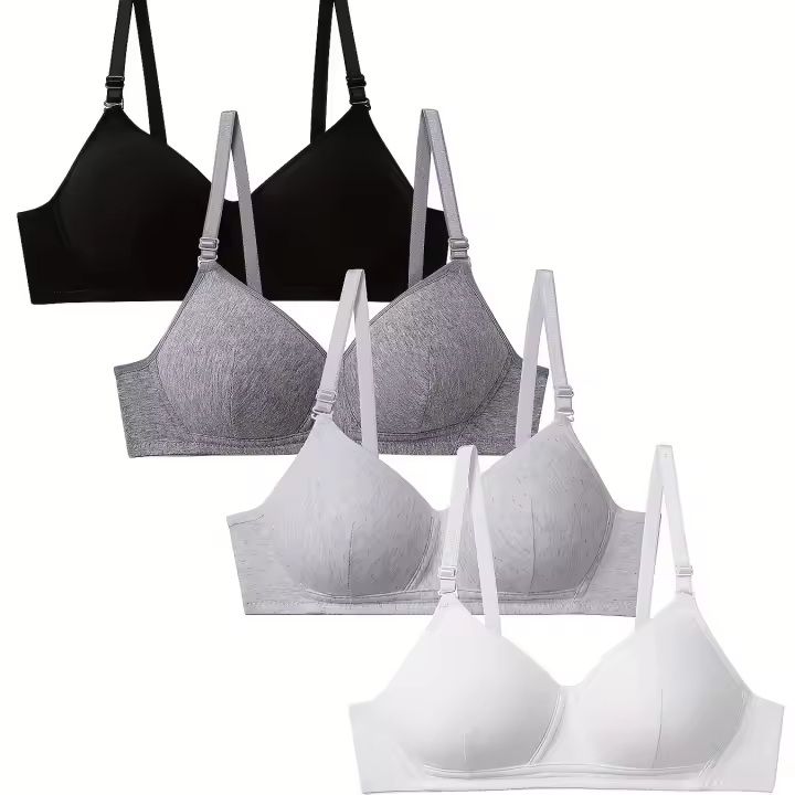 Conjunto de 4 sujetadores inalámbricos sin costuras para adolescentes, de color sólido, de algodón, con tirantes ajustables - 1