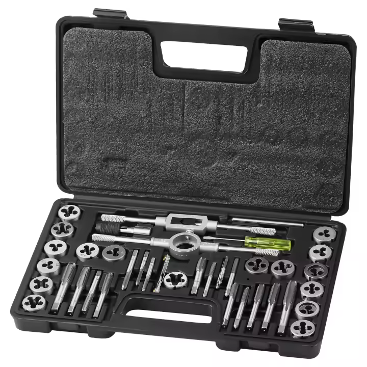 SucceBuy Juego de troqueles y roscas, 40 piezas, M3-M12 métrico, acero para rodamientos, herramientas de roscado externo/interno, accesorios completos con estuche de almacenamiento - 1