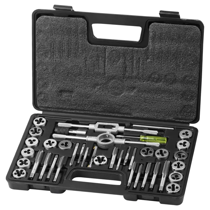 SucceBuy Juego de troqueles y roscas, 40 piezas, M3-M12 métrico, acero para rodamientos, herramientas de roscado externo/interno, accesorios completos con estuche de almacenamiento - 1