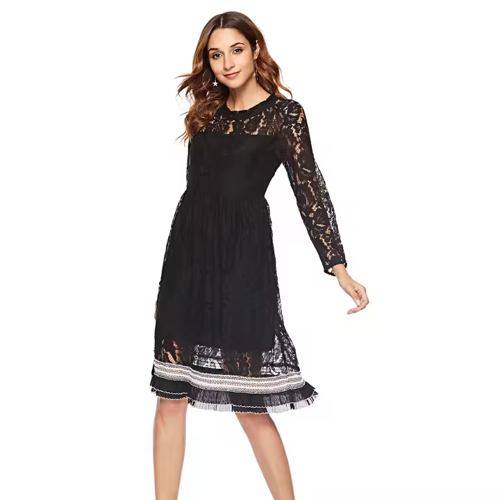 ENKA2025 Vestido de talla grande con empalme de cáñamo y manga larga de encaje dulce de primavera falda acampanada - 1