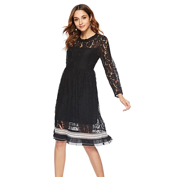 ENKA2025 Vestido de talla grande con empalme de cáñamo y manga larga de encaje dulce de primavera falda acampanada - 1