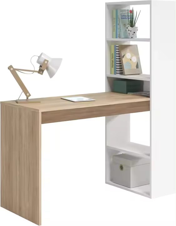 Escritorio con Estanteria Reversible, Mesa de Ordenador, Blanco Artik y Roble Canadiense, Modelo Duplo, Medidas: 120 cm (Ancho) x 53 cm (Fondo) x 144 cm (Alto) - 1