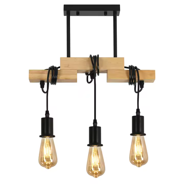 Goeco Lámpara Colgante Vintage de Techo de Madera y Hierro con 3 Bases para E27 - 1