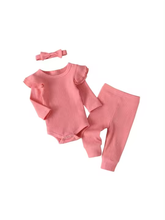 Conjunto de Ropa Informal para Niña Recién Nacida Mono de Manga Larga Tejido con Volantes, Pantalones Infantiles y Diadema, Trajes de Color Sólido, 3 uds - 1
