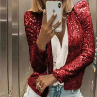 Chaqueta de manga larga con cuello redondo y lentejuelas para mujer, abrigo corto elegante de Color liso para primavera y otoño - details 21