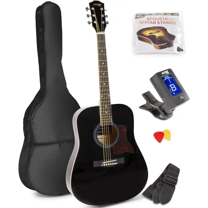 Set de iniciación a la guitarra acústica, incluye funda guitarra, afinador de guitarra, correa para el hombro, púas y cuerdas de repuesto. Lo necesario para empezar, color negro - 1