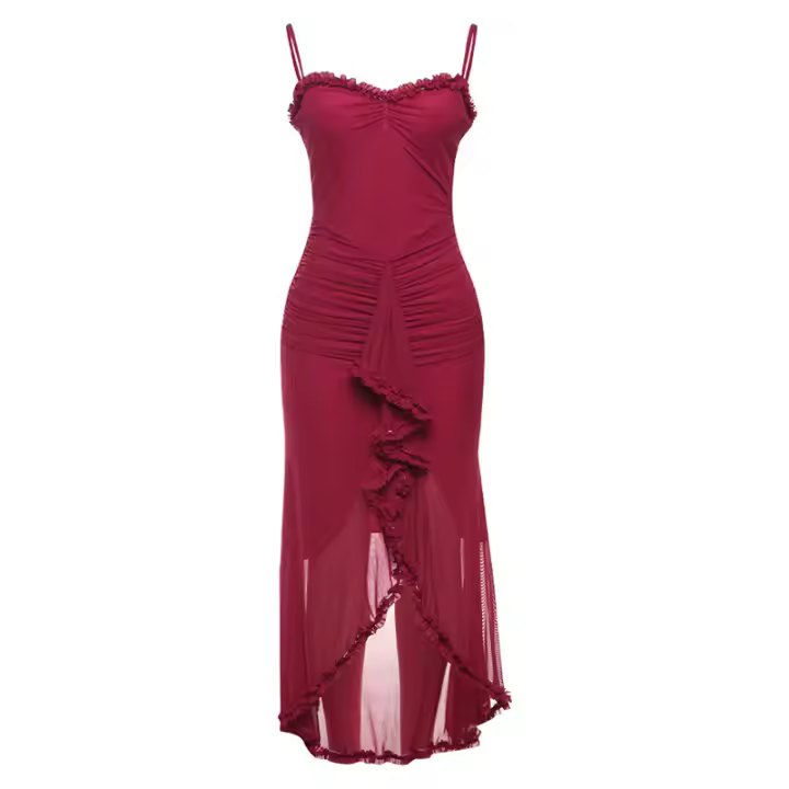 BUNO-vestidos de fiesta de malla irregulares, novedad de 2024, vestido ceñido con tirantes finos, vestido largo fruncido a la moda para mujer - 1