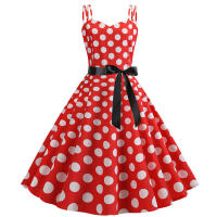 Vestido midi retro de fiesta con estampado de lunares, tirantes finos y cinturón para mujer - details 54