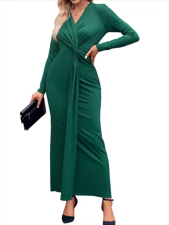 Vestido con cuello en V para mujer, prenda elegante de manga larga, color liso, 2025 - 1