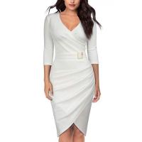 Elegante dama profundaVVestido con cuello y cinturón Vestido de fiesta plisado de manga larga ajustado de longitud media - details 2