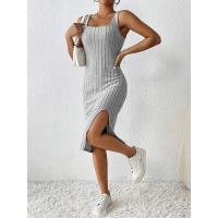 Vestido sin tirantes de punto estilo verano para mujer, vestido sin mangas con cuello cuadrado y falda con abertura lateral, vestidos - details 4