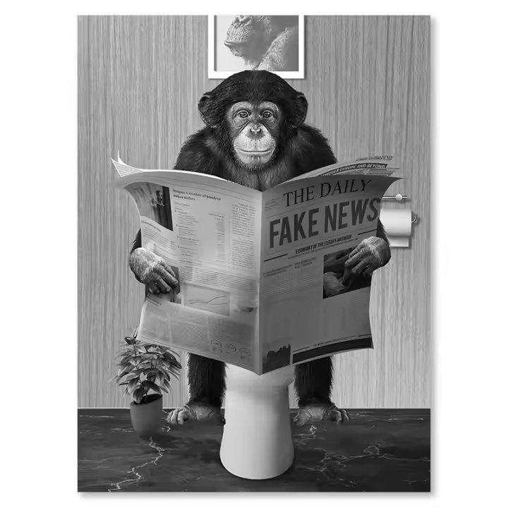 Póster de Mono de Baño Divertido JUBEER en Blanco y Negro Pintura en Lienzo de Animal de Baño Leyendo el Periódico Decoración de pared para el hogar - 1
