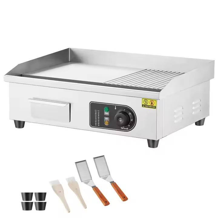SucceBuy Plancha eléctrica comercial, parrilla superior semiplana para encimera, temperatura ajustable 122 ℉ -572 ℉ , Parrilla de acero inoxidable - 1