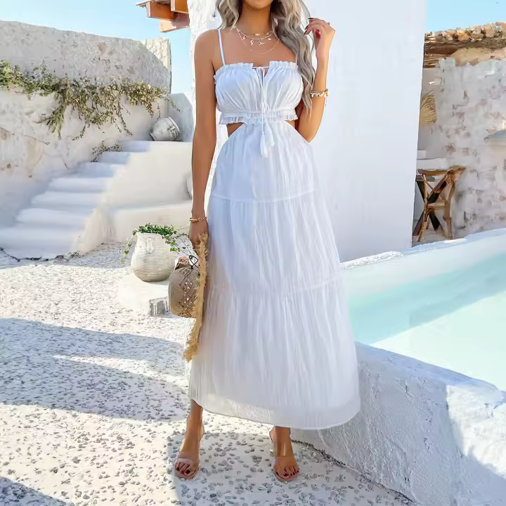 2025 primavera y verano casual color sólido estilo bohemio de vacaciones vestido de tirantes de empalme de cintura alta - 1