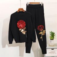 Conjunto de Top y Pantalones para Mujeres Invierno 2 Piezas Chándal Casual Flores Pantalones de Punto con Lentejuelas Conjunto d - details 0