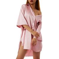 Pijamas de mujer de color liso, media manga con una hilera de botones, ropa de dormir informal de satén suelta - details 2