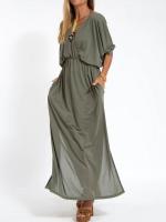 Vestido de verano nuevo de moda de color sólido con cintura alta y cuello en V dividido. - details 8