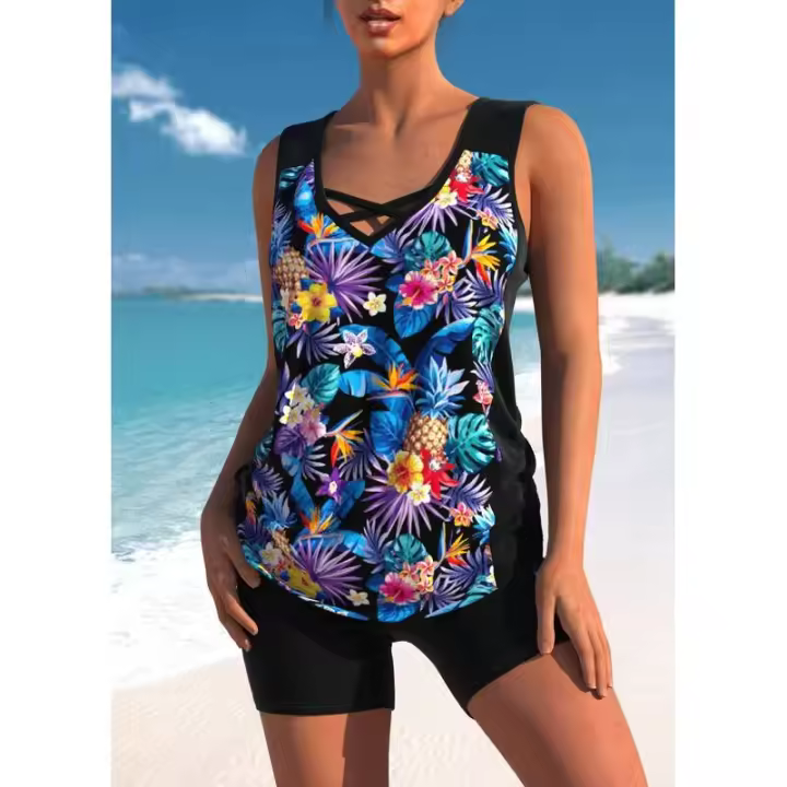 Novedad de verano, traje de baño de playa de dos piezas sexy y de moda con estampado de flores brillantes para mujer, S-6XL - 1
