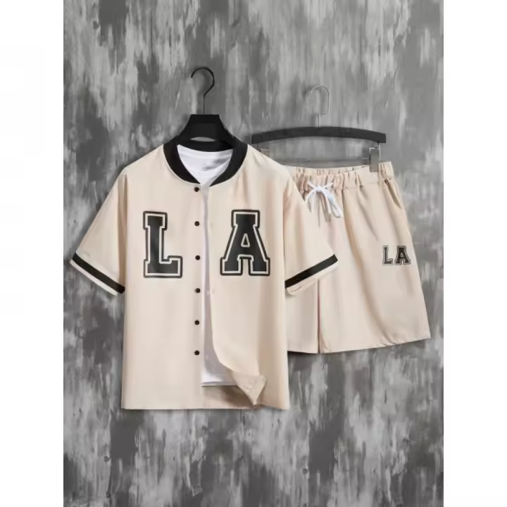 Conjunto Casual de Moda para Hombres Camisetas de Béisbol Manga Corta y Pantalones Cortos con Cordón Perfecto para Verano, Vacaciones, Entrenamiento - 1