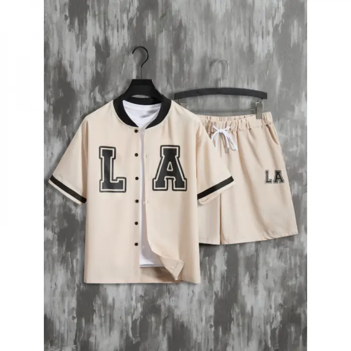 Conjunto Casual de Moda para Hombres Camisetas de Béisbol Manga Corta y Pantalones Cortos con Cordón Perfecto para Verano, Vacaciones, Entrenamiento - 1