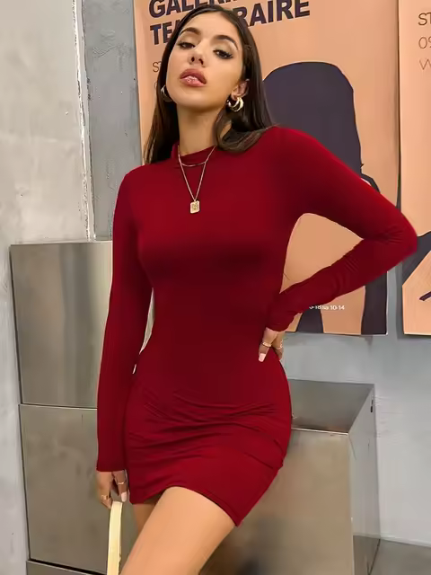 Mini vestido ajustado de manga larga para mujer, cuello alto, plisado, fruncido, corto, traje de Club nocturno, Color sólido - 1