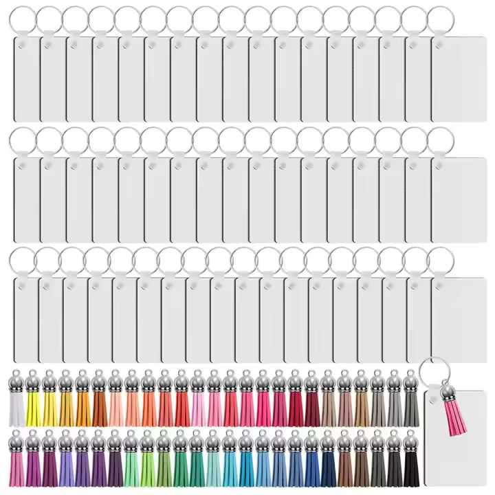 Juego de llaveros en blanco con sublimación, 200 Uds., llaveros rectangulares en blanco con transferencia de calor, borlas con llaveros para llavero DIY - 1